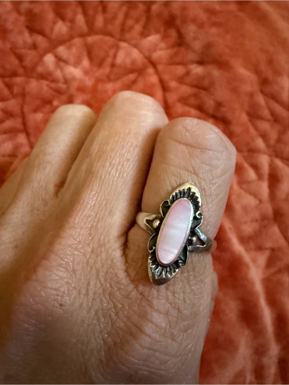 Pink Mother of Pearl Sterling Silver Stamped Statement Ring - Picture 4 of 6